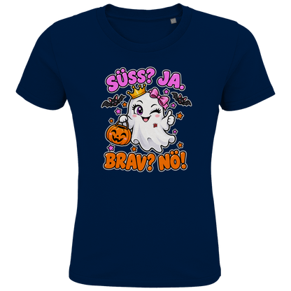 JA Spukprinzessin – Kinder-T-Shirt in Marineblau, Vorderansicht, Frontdruck: Gespenst mit Krone: „Süß? JA. Brav? Nö!“ – frecher Halloween-Look für Kinder
