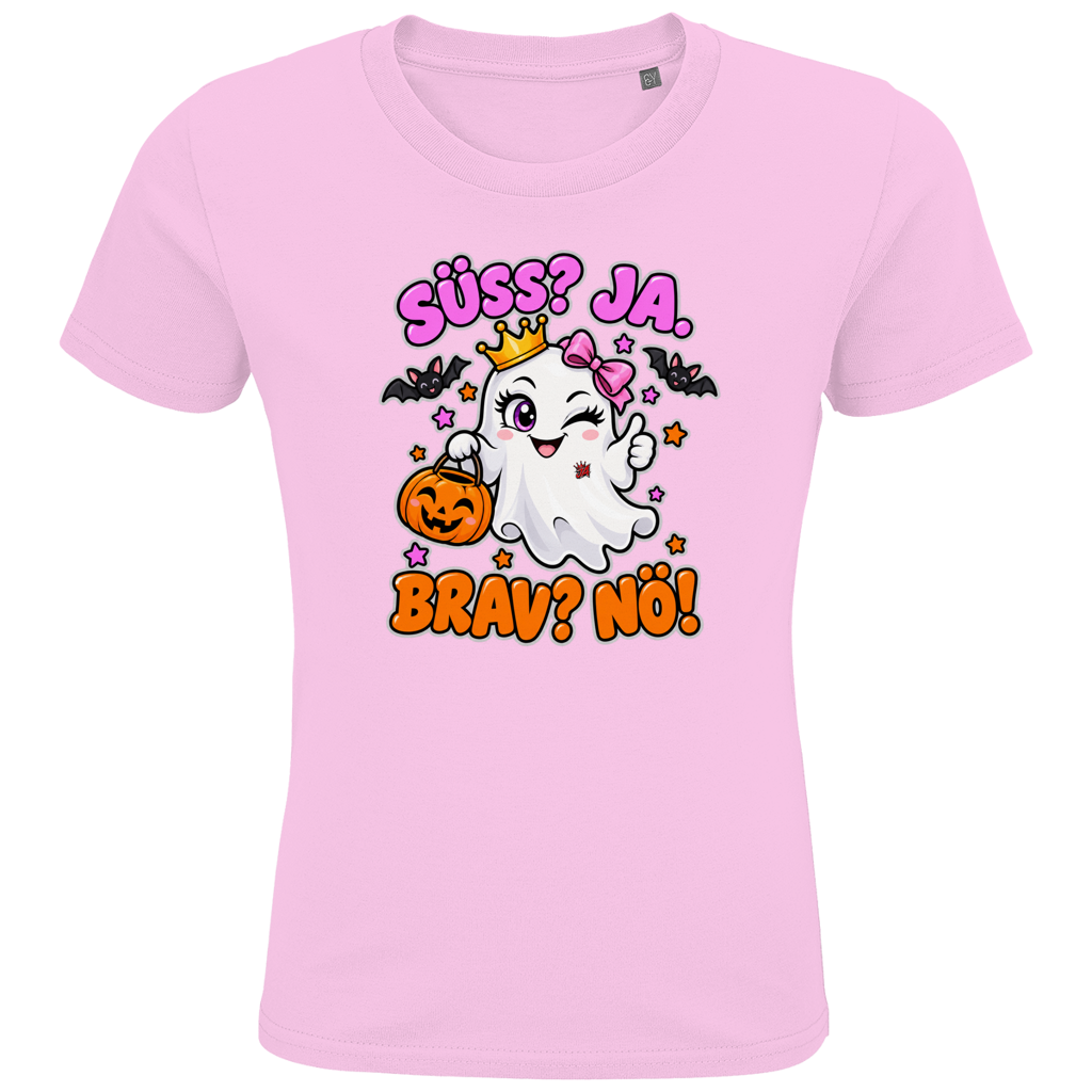 JA Spukprinzessin – Kinder-T-Shirt in Zartrosa, Vorderansicht, Frontdruck: Gespenst mit Krone: „Süß? JA. Brav? Nö!“ – frecher Halloween-Look für Kinder