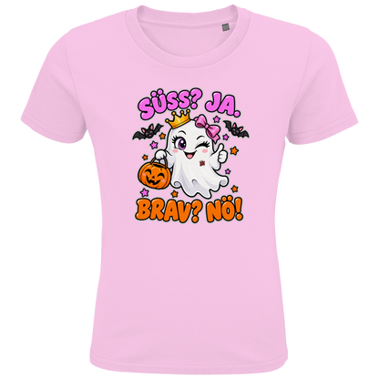 JA Spukprinzessin – Kinder-T-Shirt in Zartrosa, Vorderansicht, Frontdruck: Gespenst mit Krone: „Süß? JA. Brav? Nö!“ – frecher Halloween-Look für Kinder