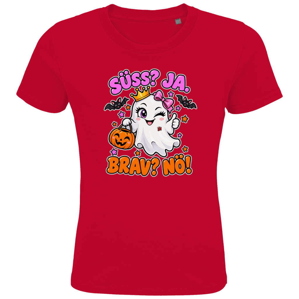 JA Spukprinzessin – Kinder-T-Shirt in Rot, Vorderansicht, Frontdruck: Gespenst mit Krone: „Süß? JA. Brav? Nö!“ – frecher Halloween-Look für Kinder