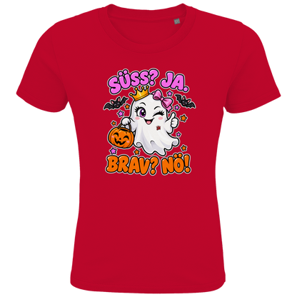 JA Spukprinzessin – Kinder-T-Shirt in Rot, Vorderansicht, Frontdruck: Gespenst mit Krone: „Süß? JA. Brav? Nö!“ – frecher Halloween-Look für Kinder