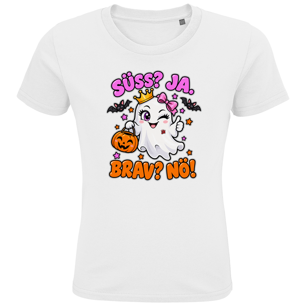 JA Spukprinzessin – Kinder-T-Shirt in Weiß, Vorderansicht, Frontdruck: Gespenst mit Krone: „Süß? JA. Brav? Nö!“ – frecher Halloween-Look für Kinder