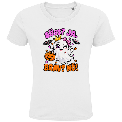 JA Spukprinzessin – Kinder-T-Shirt in Weiß, Vorderansicht, Frontdruck: Gespenst mit Krone: „Süß? JA. Brav? Nö!“ – frecher Halloween-Look für Kinder