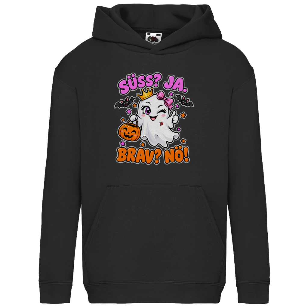 JA Spukprinzessin – Kinder-Hoodie in Schwarz, Vorderansicht, Frontdruck: Gespenst mit Krone: „Süß? JA. Brav? Nö!“ – frecher Halloween-Look für Kinder