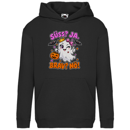 JA Spukprinzessin – Kinder-Hoodie in Schwarz, Vorderansicht, Frontdruck: Gespenst mit Krone: „Süß? JA. Brav? Nö!“ – frecher Halloween-Look für Kinder