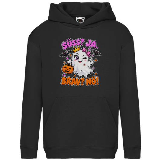 JA Spukprinzessin – Kinder-Hoodie in Schwarz, Vorderansicht, Frontdruck: Gespenst mit Krone: „Süß? JA. Brav? Nö!“ – frecher Halloween-Look für Kinder