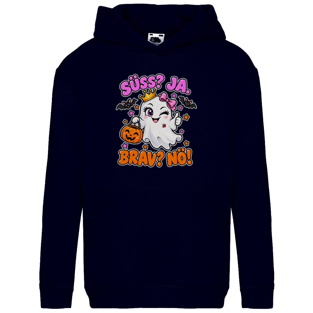 JA Spukprinzessin – Kinder-Hoodie in Dunkles Marineblau, Vorderansicht, Frontdruck: Gespenst mit Krone: „Süß? JA. Brav? Nö!“ – frecher Halloween-Look für Kinder