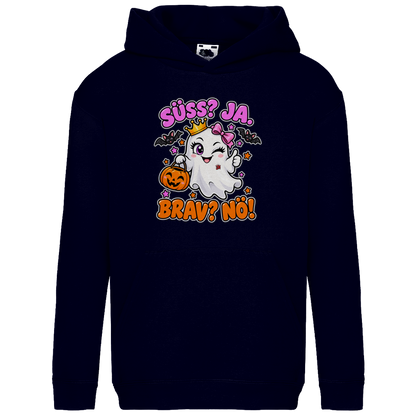 JA Spukprinzessin – Kinder-Hoodie in Dunkles Marineblau, Vorderansicht, Frontdruck: Gespenst mit Krone: „Süß? JA. Brav? Nö!“ – frecher Halloween-Look für Kinder