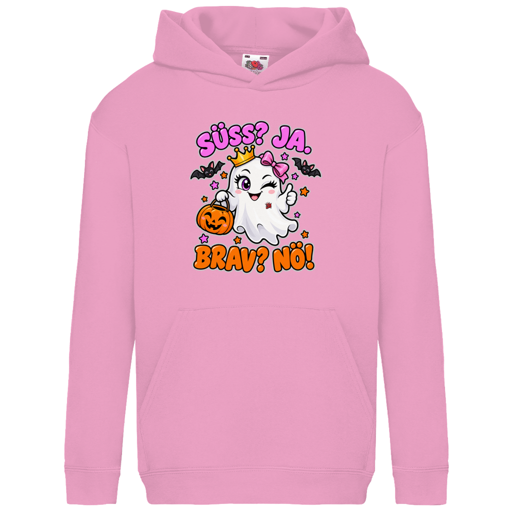 JA Spukprinzessin – Kinder-Hoodie in Hellrosa, Vorderansicht, Frontdruck: Gespenst mit Krone: „Süß? JA. Brav? Nö!“ – frecher Halloween-Look für Kinder