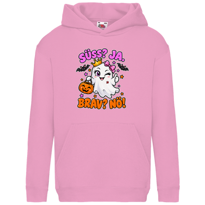 JA Spukprinzessin – Kinder-Hoodie in Hellrosa, Vorderansicht, Frontdruck: Gespenst mit Krone: „Süß? JA. Brav? Nö!“ – frecher Halloween-Look für Kinder