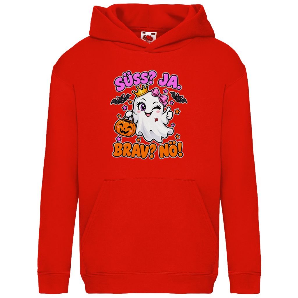 JA Spukprinzessin – Kinder-Hoodie in Rot, Vorderansicht, Frontdruck: Gespenst mit Krone: „Süß? JA. Brav? Nö!“ – frecher Halloween-Look für Kinder