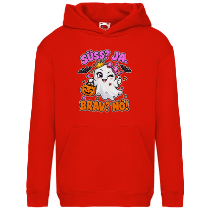 JA Spukprinzessin – Kinder-Hoodie in Rot, Vorderansicht, Frontdruck: Gespenst mit Krone: „Süß? JA. Brav? Nö!“ – frecher Halloween-Look für Kinder