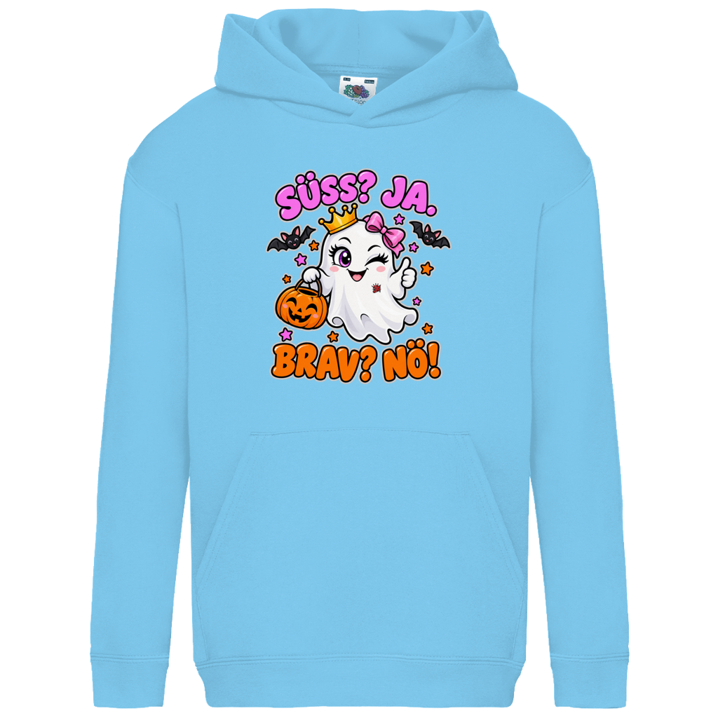 JA Spukprinzessin – Kinder-Hoodie in Himmelblau, Vorderansicht, Frontdruck: Gespenst mit Krone: „Süß? JA. Brav? Nö!“ – frecher Halloween-Look für Kinder