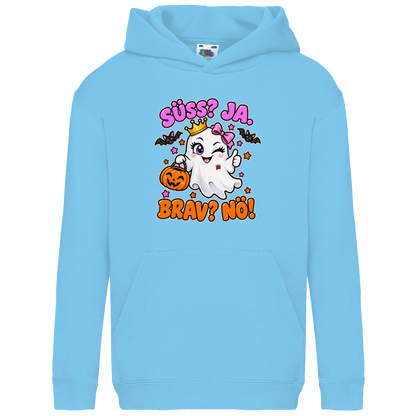 JA Spukprinzessin – Kinder-Hoodie in Himmelblau, Vorderansicht, Frontdruck: Gespenst mit Krone: „Süß? JA. Brav? Nö!“ – frecher Halloween-Look für Kinder