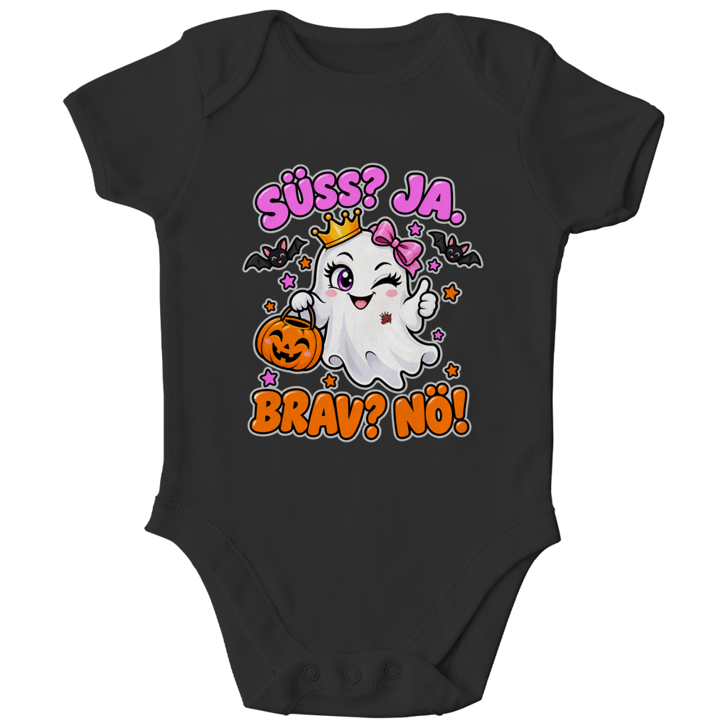 JA Spukprinzessin – Baby-Body in Schwarz, Vorderansicht, Frontdruck: Gespenst mit Krone: „Süß? JA. Brav? Nö!“ – frecher Halloween-Look für Kinder