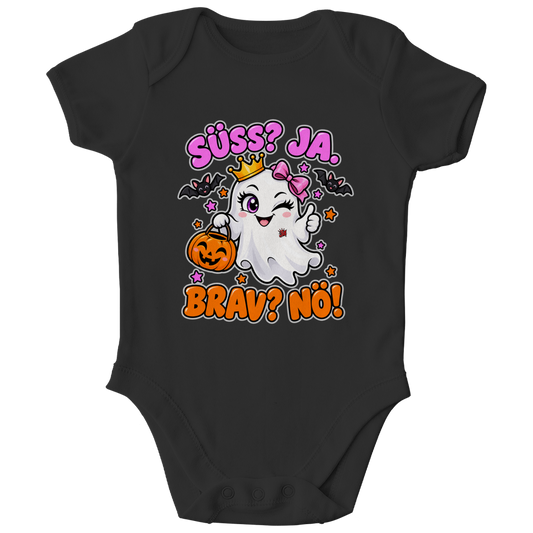 JA Spukprinzessin – Baby-Body in Schwarz, Vorderansicht, Frontdruck: Gespenst mit Krone: „Süß? JA. Brav? Nö!“ – frecher Halloween-Look für Kinder
