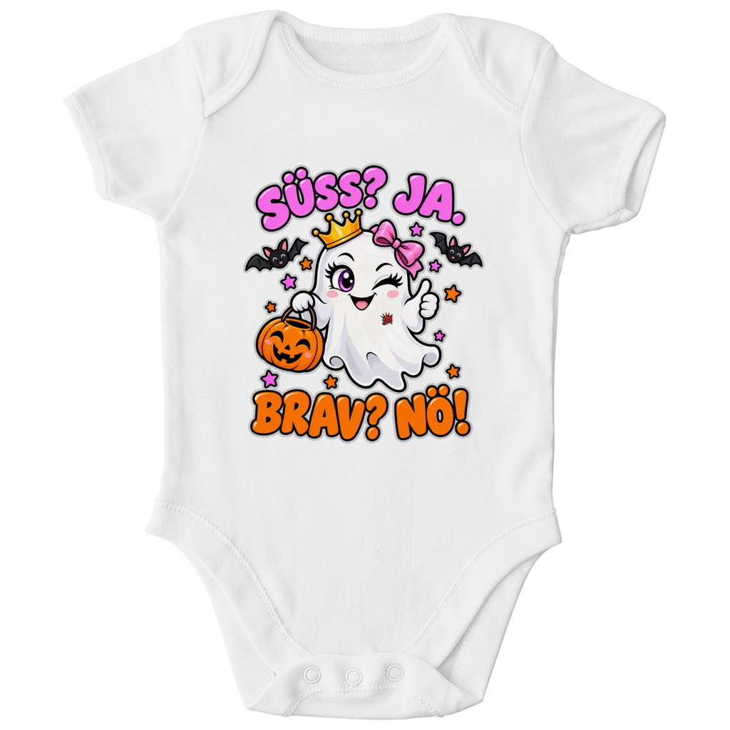 JA Spukprinzessin – Baby-Body in Weiß, Vorderansicht, Frontdruck: Gespenst mit Krone: „Süß? JA. Brav? Nö!“ – frecher Halloween-Look für Kinder