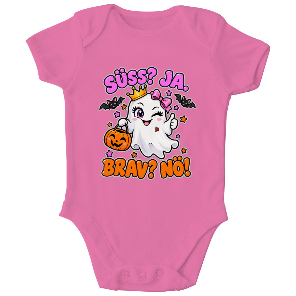 JA Spukprinzessin – Baby-Body in Kaugummirosa, Vorderansicht, Frontdruck: Gespenst mit Krone: „Süß? JA. Brav? Nö!“ – frecher Halloween-Look für Kinder