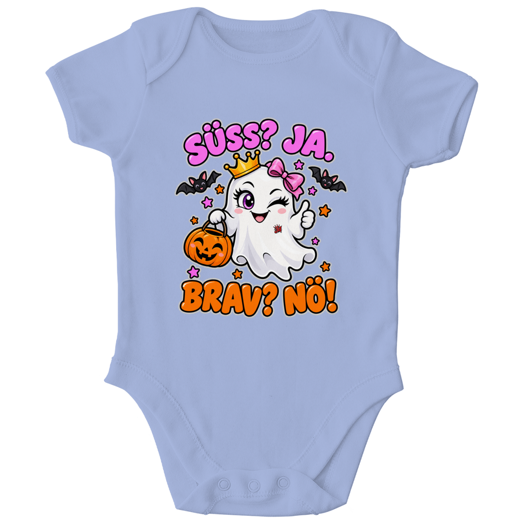 JA Spukprinzessin – Baby-Body in Taubenblau, Vorderansicht, Frontdruck: Gespenst mit Krone: „Süß? JA. Brav? Nö!“ – frecher Halloween-Look für Kinder