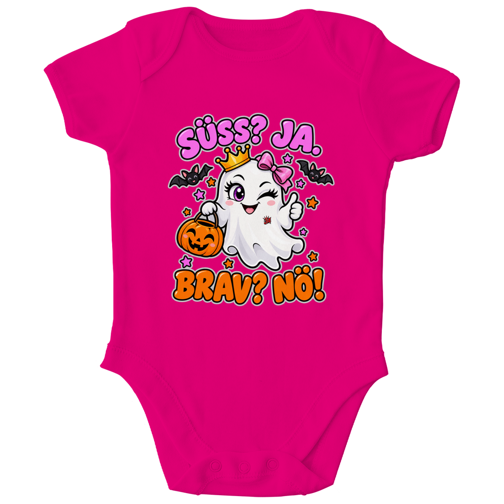 JA Spukprinzessin – Baby-Body in Fuchsia, Vorderansicht, Frontdruck: Gespenst mit Krone: „Süß? JA. Brav? Nö!“ – frecher Halloween-Look für Kinder