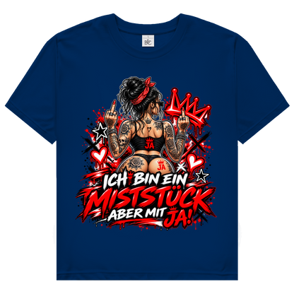 JA Miststück – Damen-T-Shirt in Marineblau, Vorderansicht, Frontdruck: Provokanter Spruch „Ich bin ein Miststück – aber mit JA!“ in roter Graffiti-Optik