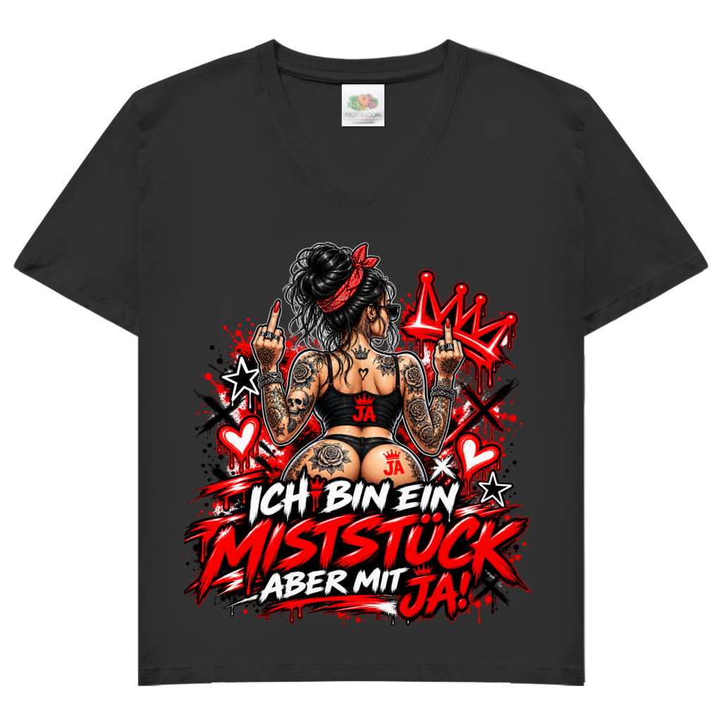 JA Miststück – Damen-V-Neck-Shirt in Schwarz, Vorderansicht, Frontdruck: Provokanter Spruch „Ich bin ein Miststück – aber mit JA!“ in roter Graffiti-Optik