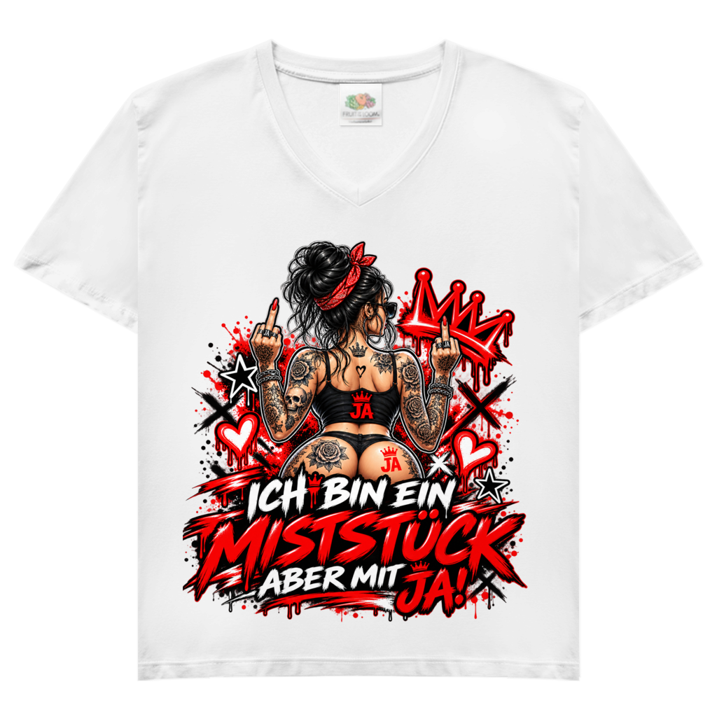 JA Miststück – Damen-V-Neck-Shirt in Weiß, Vorderansicht, Frontdruck: Provokanter Spruch „Ich bin ein Miststück – aber mit JA!“ in roter Graffiti-Optik