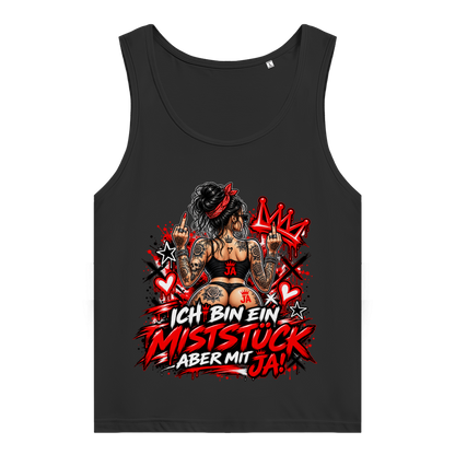 JA Miststück – Damen-Bio-Tanktop in Schwarz, Vorderansicht, Frontdruck: Provokanter Spruch „Ich bin ein Miststück – aber mit JA!“ in roter Graffiti-Optik