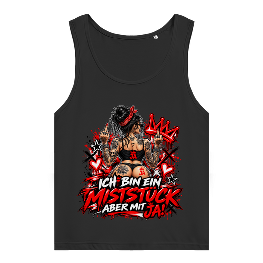 JA Miststück – Damen-Bio-Tanktop in Schwarz, Vorderansicht, Frontdruck: Provokanter Spruch „Ich bin ein Miststück – aber mit JA!“ in roter Graffiti-Optik