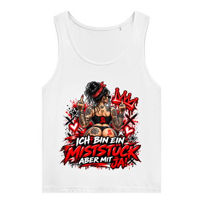 JA Miststück – Damen-Bio-Tanktop in Weiß, Vorderansicht, Frontdruck: Provokanter Spruch „Ich bin ein Miststück – aber mit JA!“ in roter Graffiti-Optik