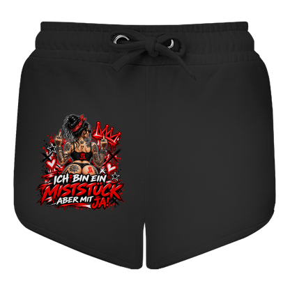 JA Miststück – Damen-Shorts in Schwarz, Vorderansicht, Frontdruck: Provokanter Spruch „Ich bin ein Miststück – aber mit JA!“ in roter Graffiti-Optik