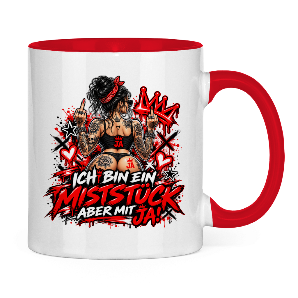 JA Miststück – Tasse in Rot, Rückansicht, ebenfalls bedruckt