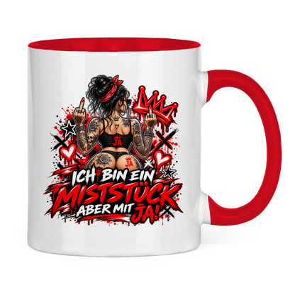JA Miststück – Tasse in Rot, Rückansicht, ebenfalls bedruckt