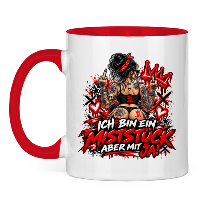 JA Miststück – Tasse in Rot, Vorderansicht, Aufdruck: Provokanter Spruch „Ich bin ein Miststück – aber mit JA!“ in roter Graffiti-Optik