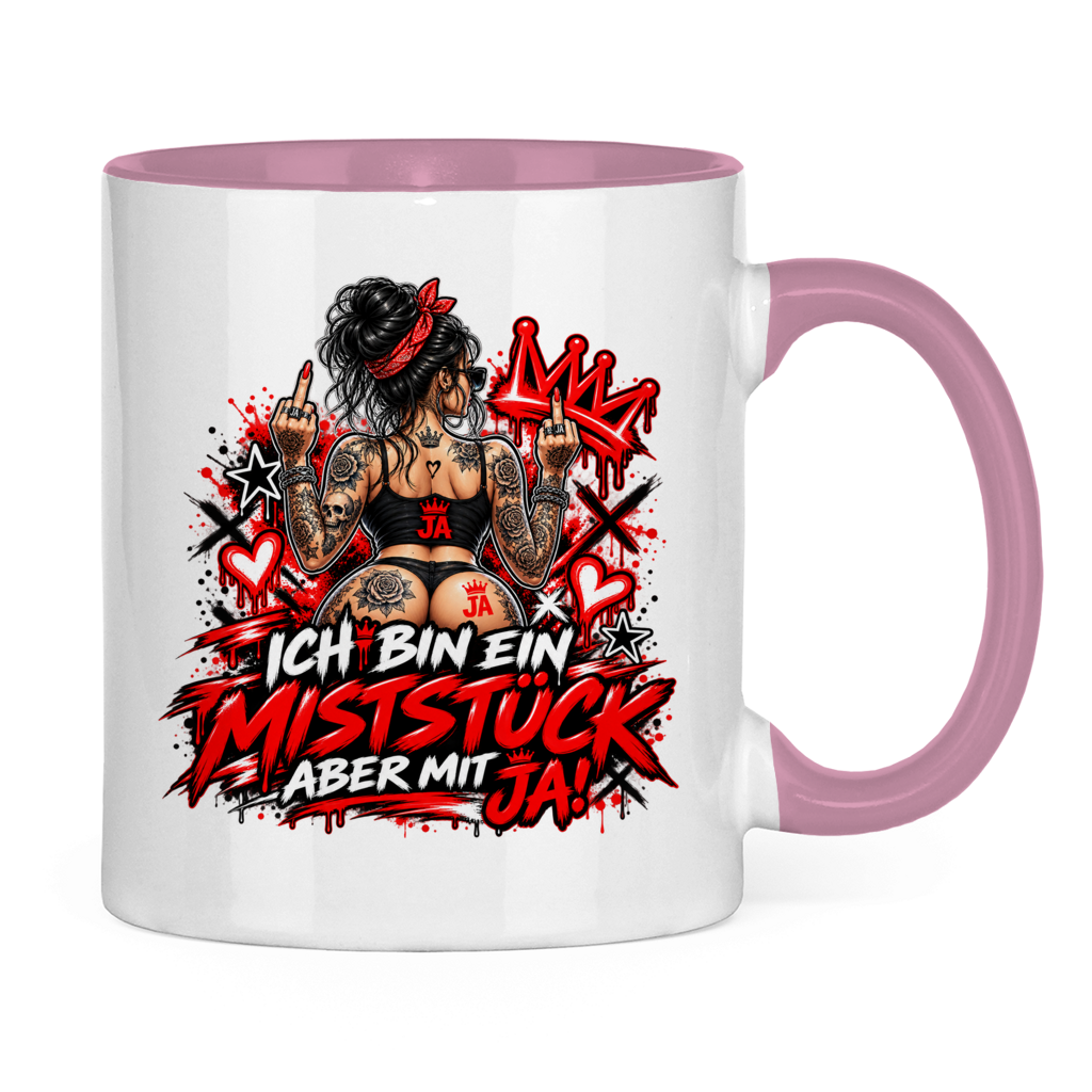 JA Miststück – Tasse in Pink, Rückansicht, ebenfalls bedruckt