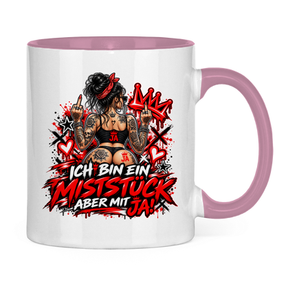 JA Miststück – Tasse in Pink, Rückansicht, ebenfalls bedruckt