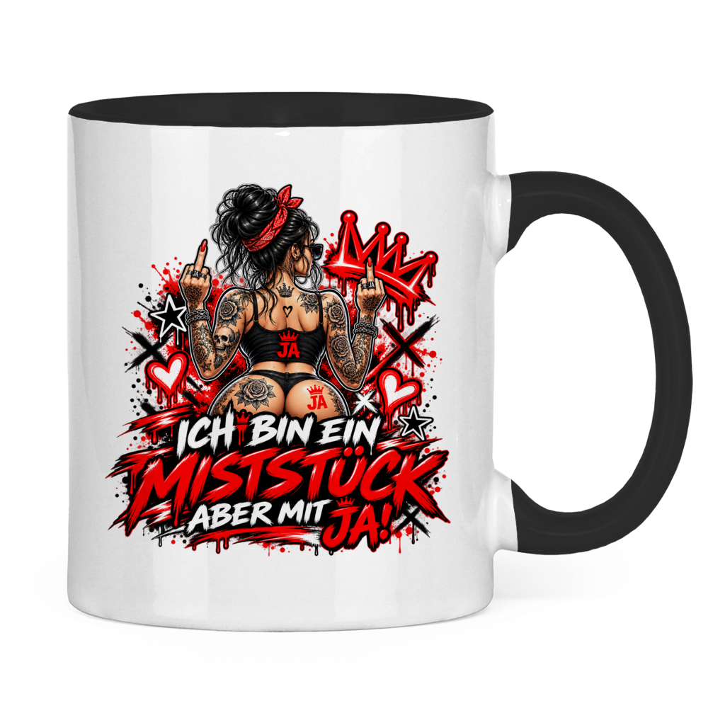 JA Miststück – Tasse in Schwarz, Rückansicht, ebenfalls bedruckt