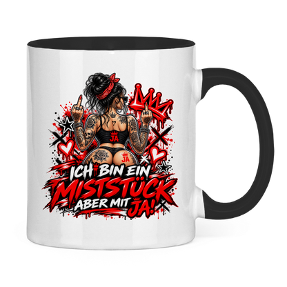 JA Miststück – Tasse in Schwarz, Rückansicht, ebenfalls bedruckt