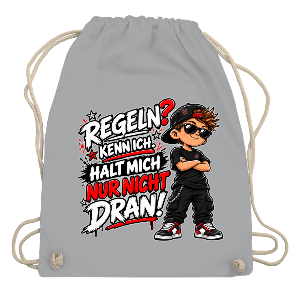 JA Regelbrecher – Turnbeutel in Hellgrau, Aufdruck: Cooler Kinderlook: „Regeln? Kenn ich. Halt mich nur nicht dran!“