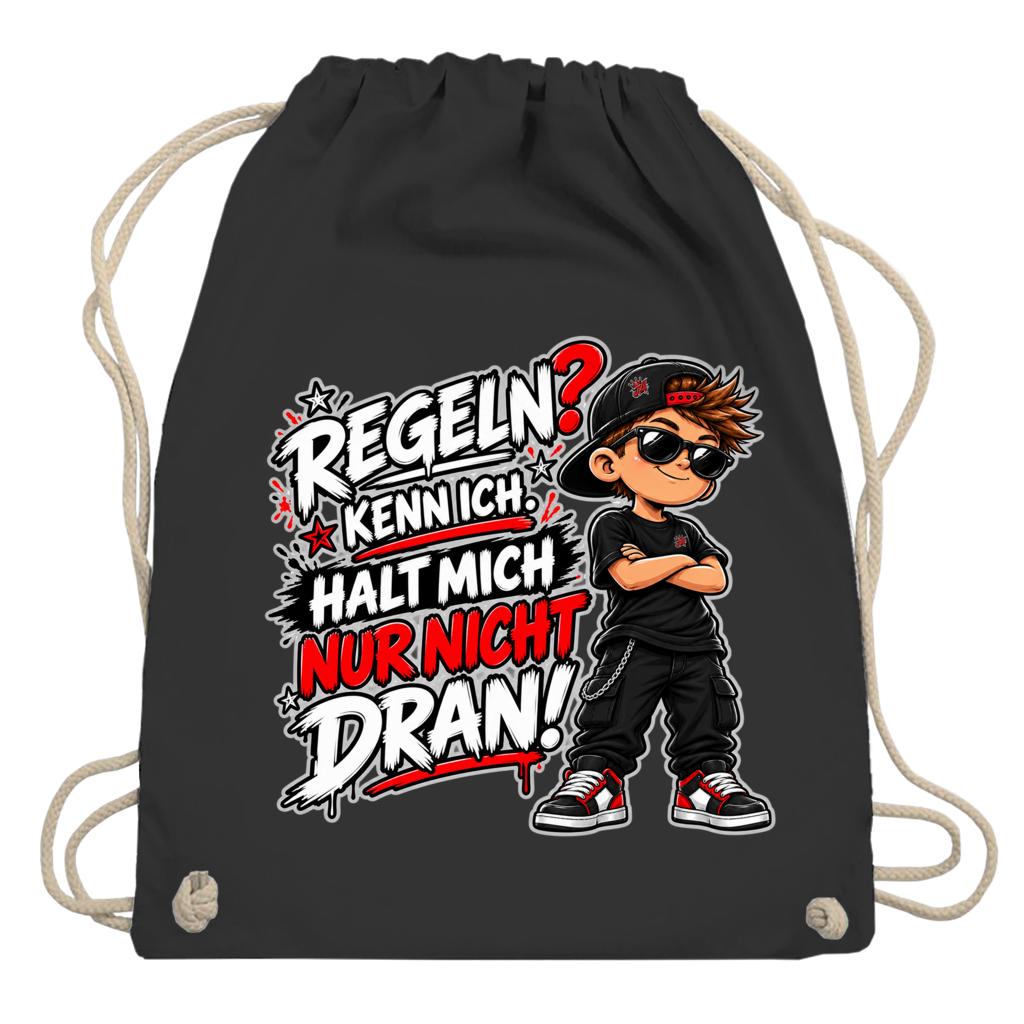 JA Regelbrecher – Turnbeutel in Schwarz, Aufdruck: Cooler Kinderlook: „Regeln? Kenn ich. Halt mich nur nicht dran!“