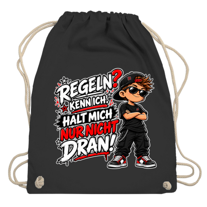 JA Regelbrecher – Turnbeutel in Schwarz, Aufdruck: Cooler Kinderlook: „Regeln? Kenn ich. Halt mich nur nicht dran!“