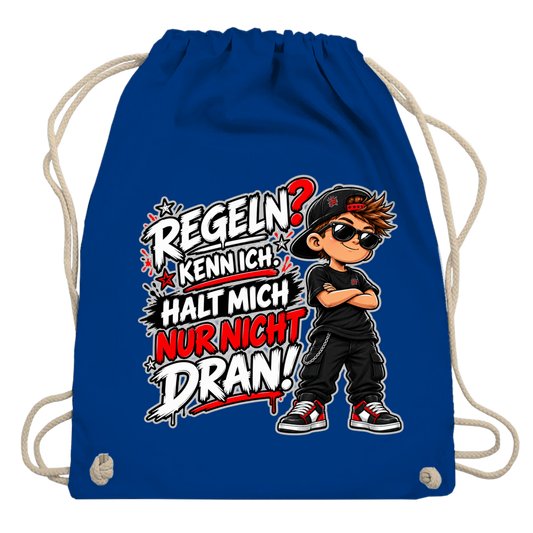 JA Regelbrecher – Turnbeutel in Königsblau, Aufdruck: Cooler Kinderlook: „Regeln? Kenn ich. Halt mich nur nicht dran!“