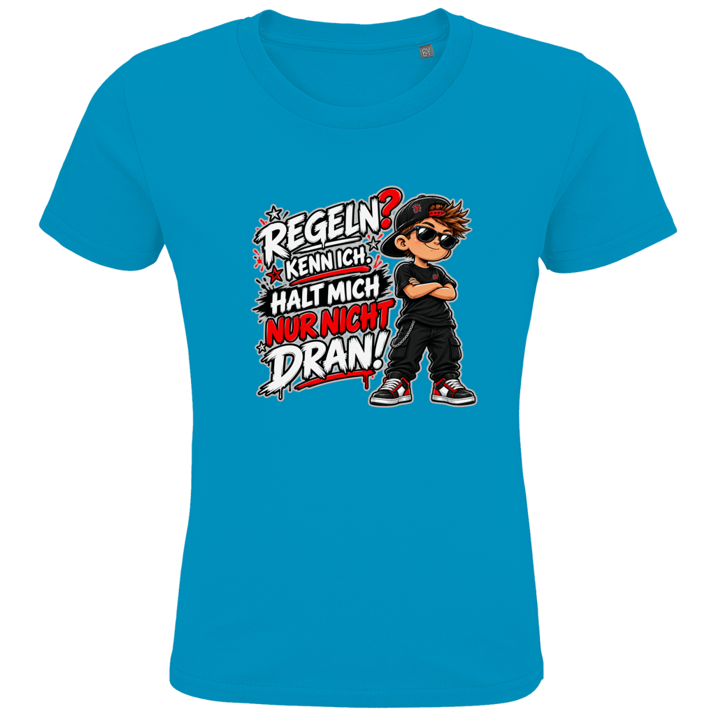JA Regelbrecher – Kinder-T-Shirt in Aqua, Vorderansicht, Frontdruck: Cooler Kinderlook: „Regeln? Kenn ich. Halt mich nur nicht dran!“