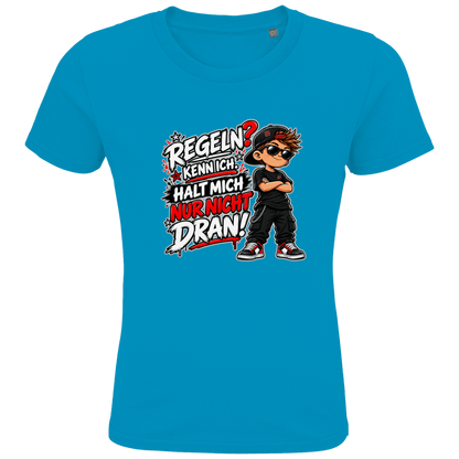 JA Regelbrecher – Kinder-T-Shirt in Aqua, Vorderansicht, Frontdruck: Cooler Kinderlook: „Regeln? Kenn ich. Halt mich nur nicht dran!“