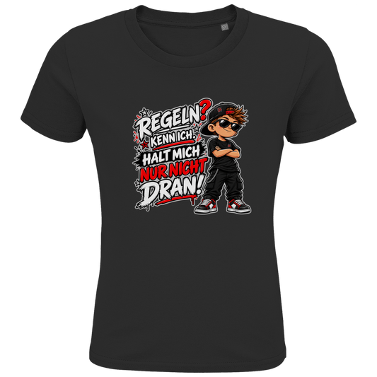 JA Regelbrecher – Kinder-T-Shirt in Schwarz, Vorderansicht, Frontdruck: Cooler Kinderlook: „Regeln? Kenn ich. Halt mich nur nicht dran!“