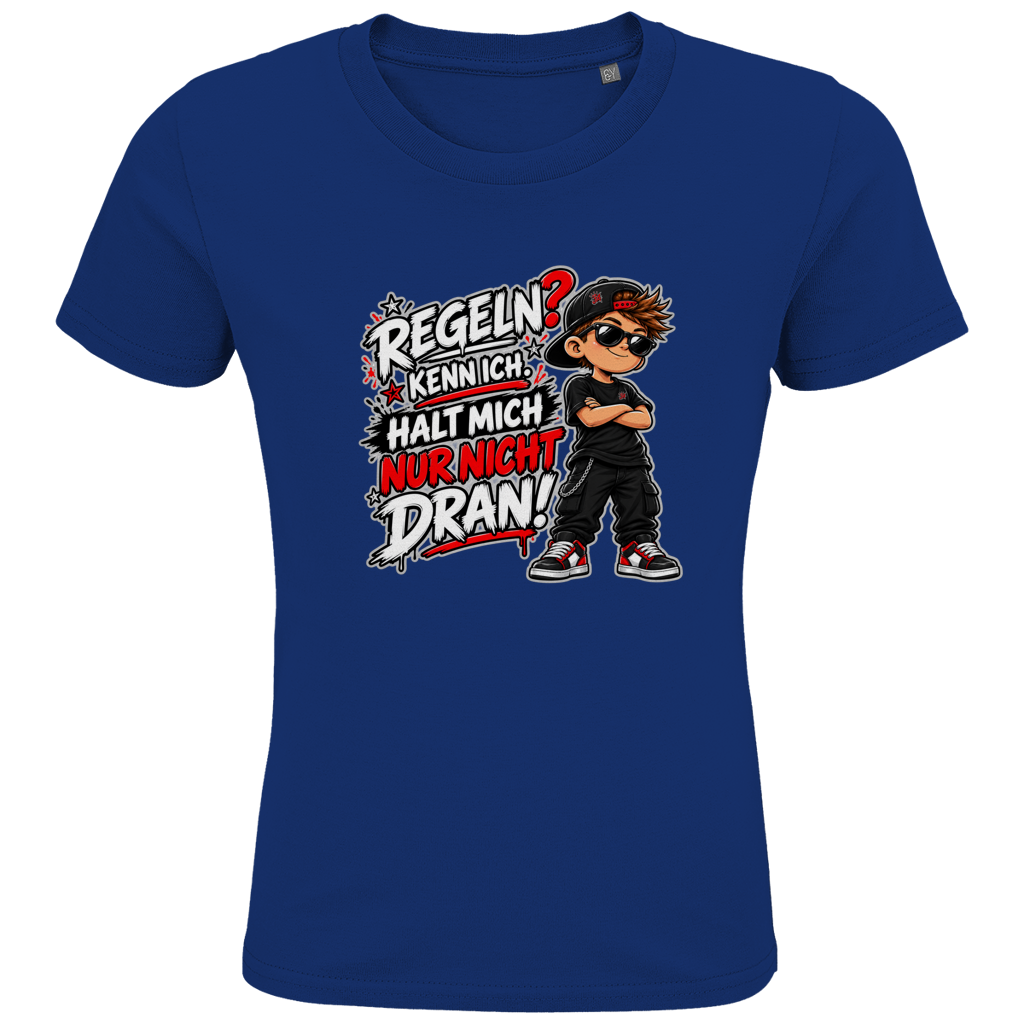 JA Regelbrecher – Kinder-T-Shirt in Royalblau, Vorderansicht, Frontdruck: Cooler Kinderlook: „Regeln? Kenn ich. Halt mich nur nicht dran!“