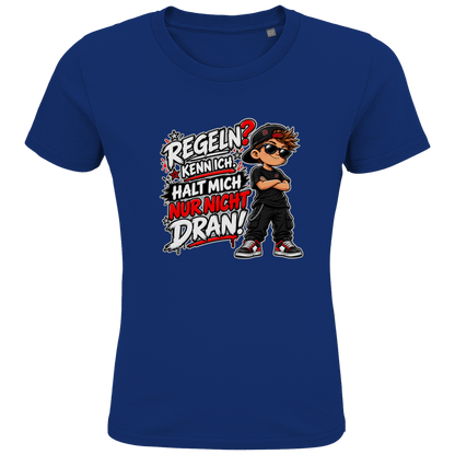 JA Regelbrecher – Kinder-T-Shirt in Royalblau, Vorderansicht, Frontdruck: Cooler Kinderlook: „Regeln? Kenn ich. Halt mich nur nicht dran!“