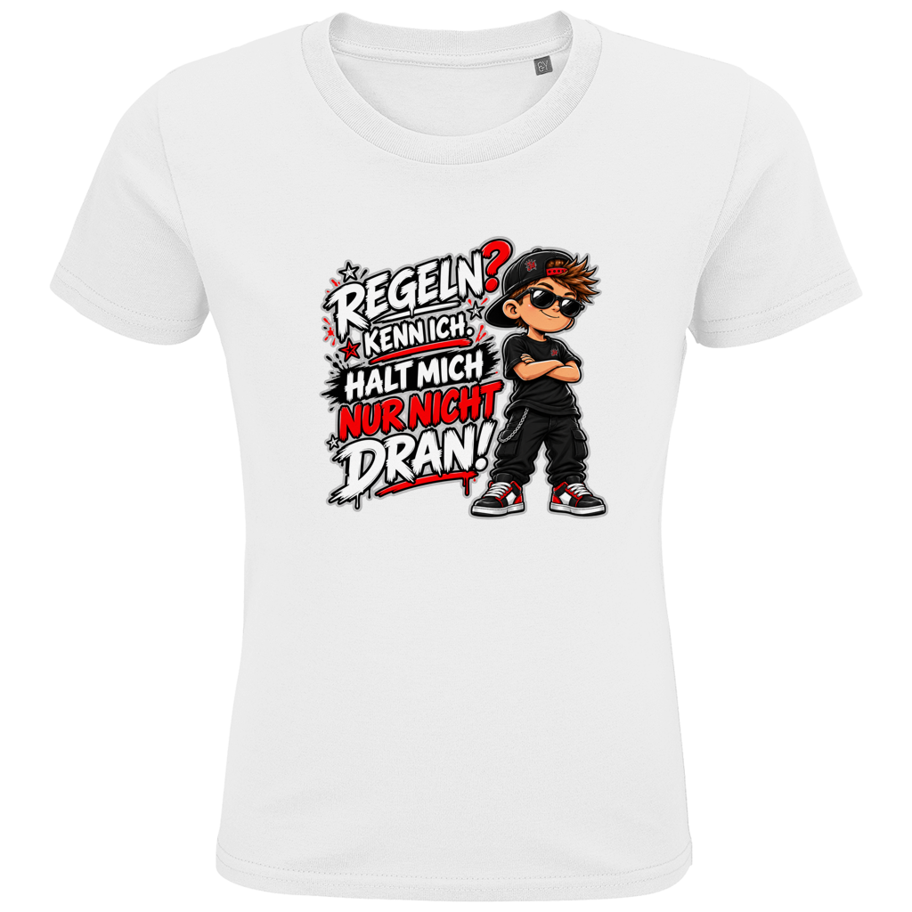 JA Regelbrecher – Kinder-T-Shirt in Weiß, Vorderansicht, Frontdruck: Cooler Kinderlook: „Regeln? Kenn ich. Halt mich nur nicht dran!“