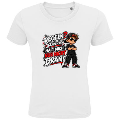 JA Regelbrecher – Kinder-T-Shirt in Weiß, Vorderansicht, Frontdruck: Cooler Kinderlook: „Regeln? Kenn ich. Halt mich nur nicht dran!“