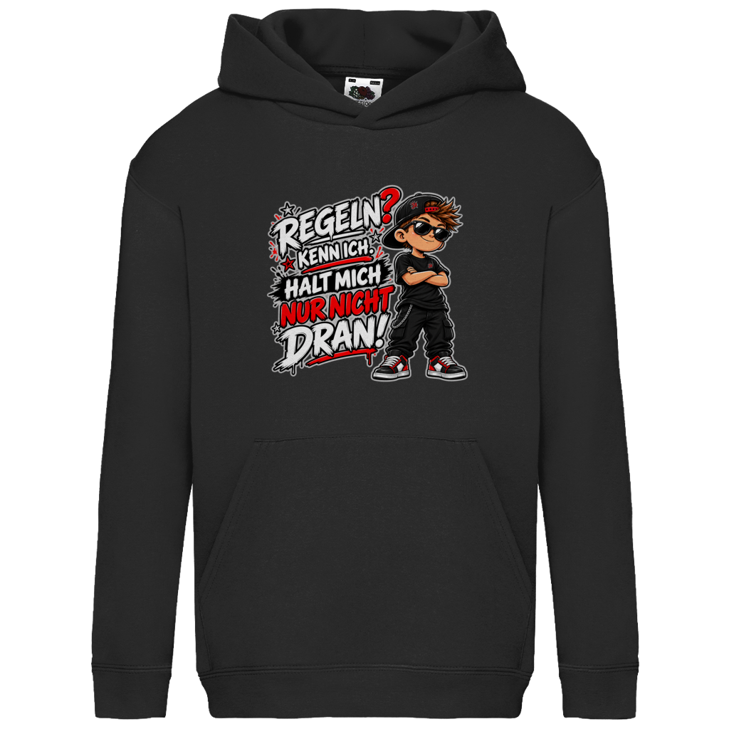 JA Regelbrecher – Kinder-Hoodie in Schwarz, Vorderansicht, Frontdruck: Cooler Kinderlook: „Regeln? Kenn ich. Halt mich nur nicht dran!“